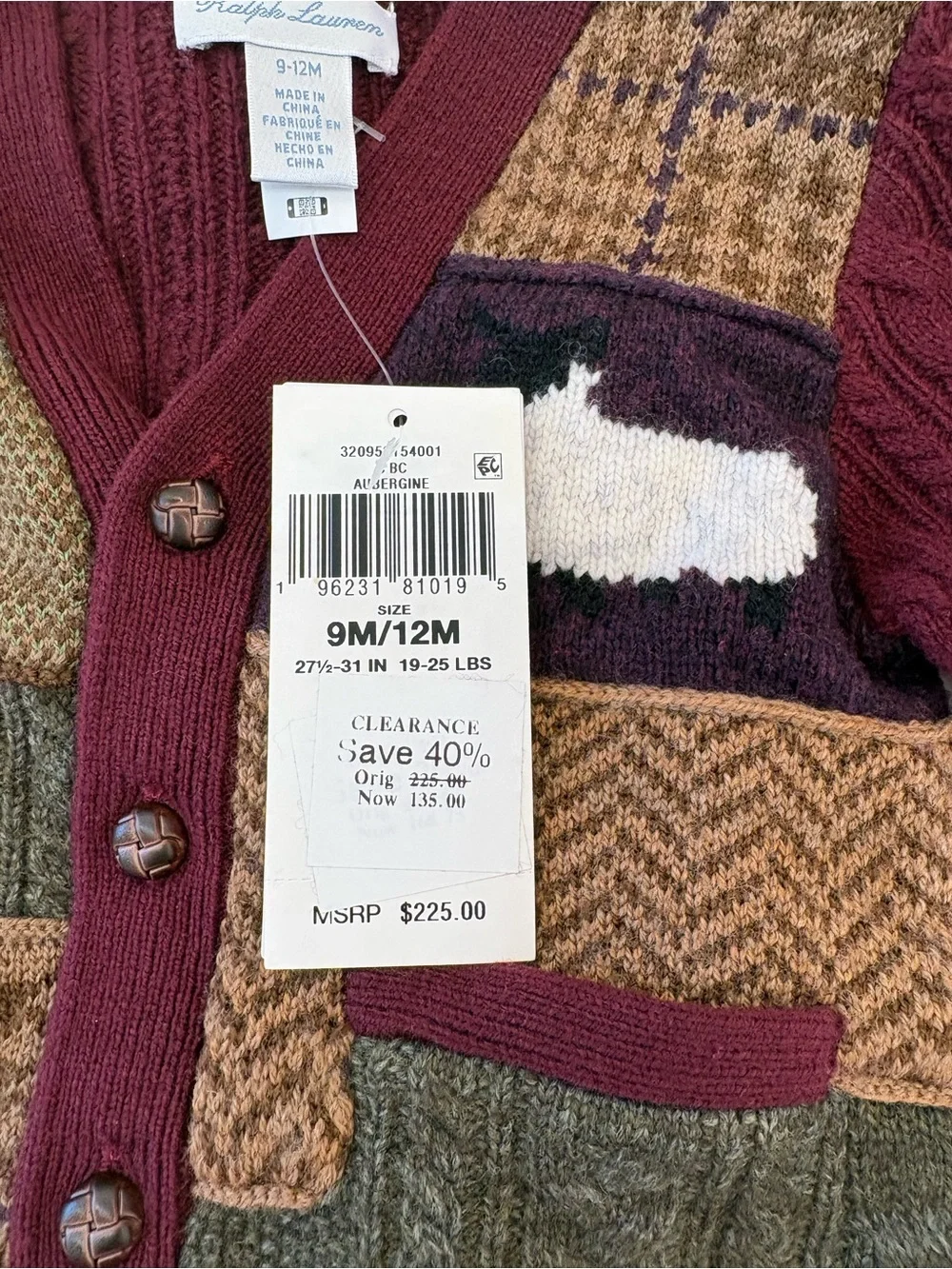 Ralph Lauren Burgundy Patchwork Cable-Knit Cardigan with Sheep Motif